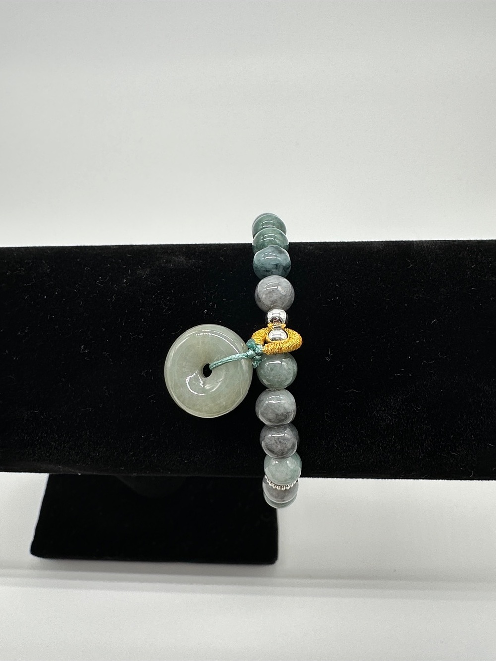 Jade Bead Bracelet with Donut Charm and Silver Accents